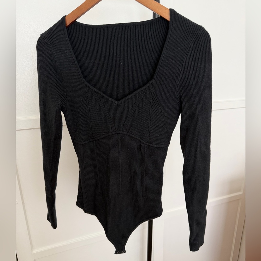 Abercrombie & Fitch Black Ribbed V-Neck Long Sleeve Bodysuit